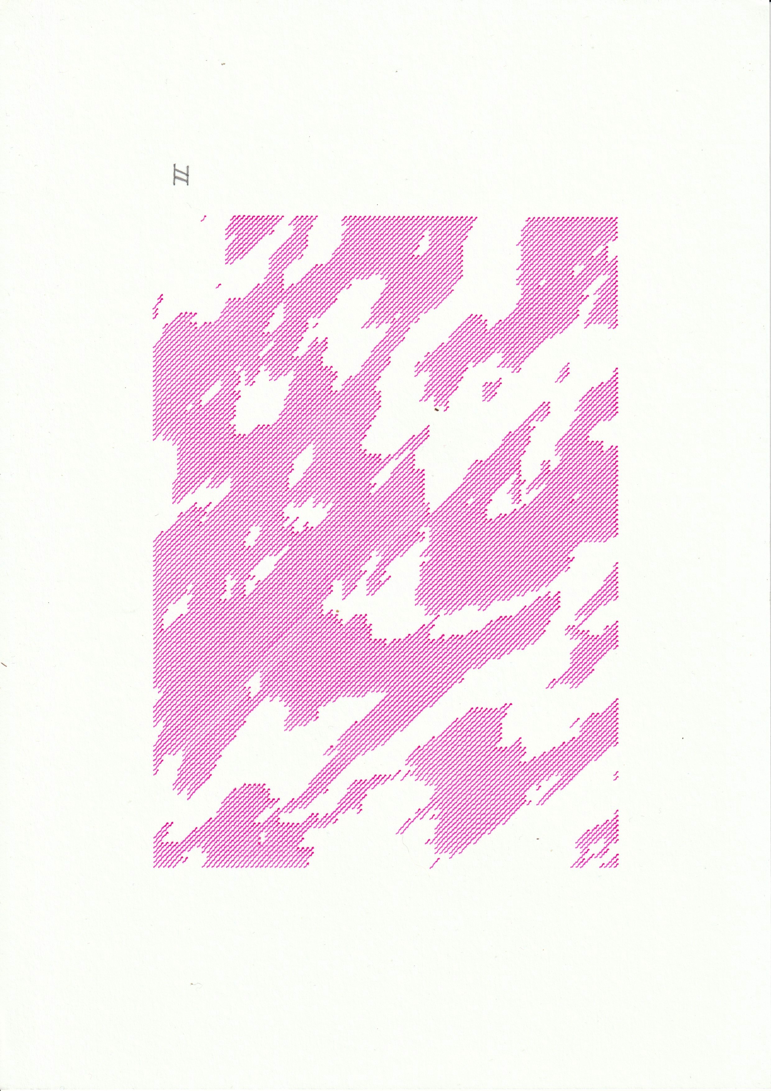 A print on white A4 paper, showing an abstract map made up of pink, diagonal wavy lines drawn in fineliner