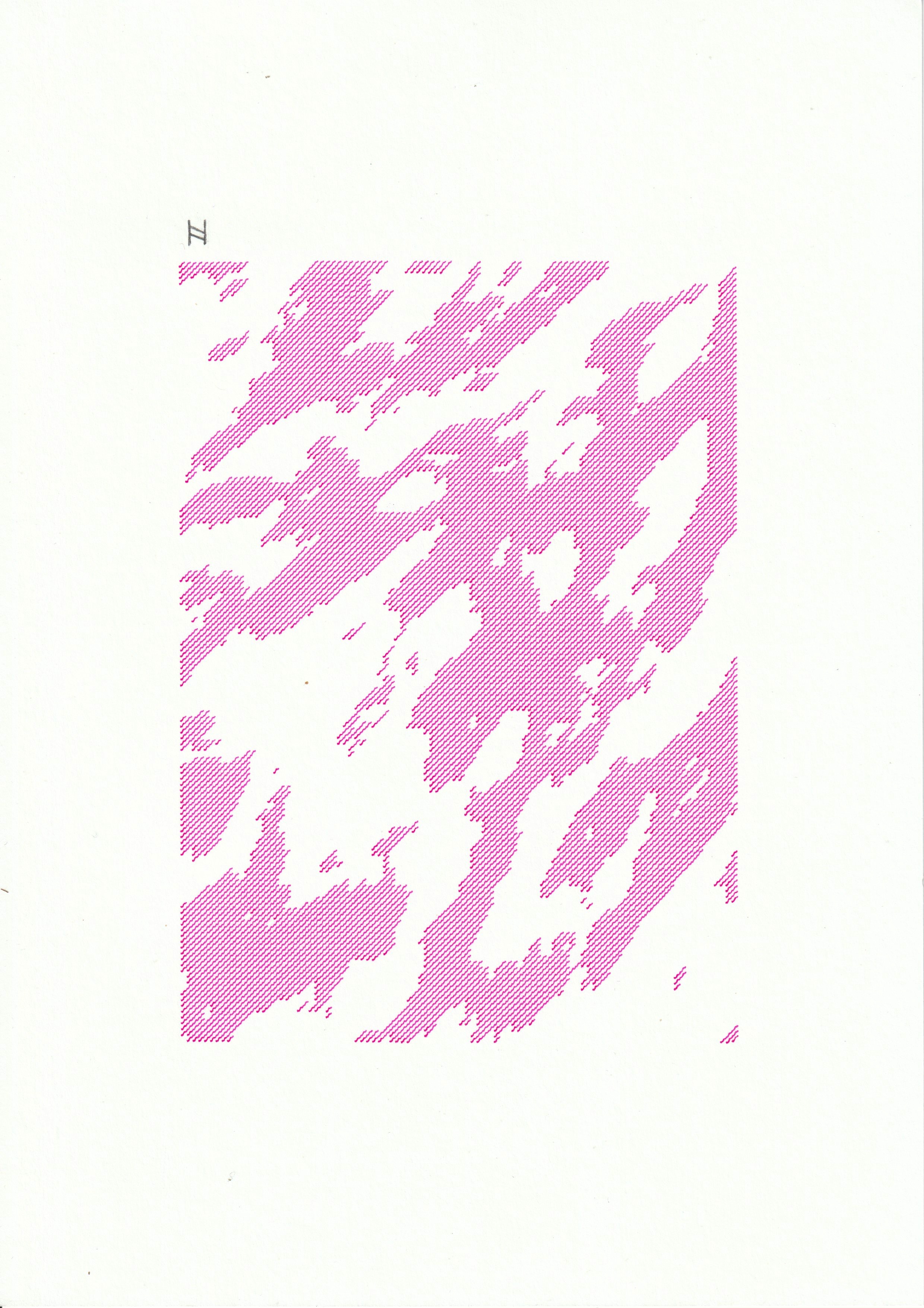 A print on white A4 paper, showing an abstract map made up of pink, diagonal wavy lines drawn in fineliner